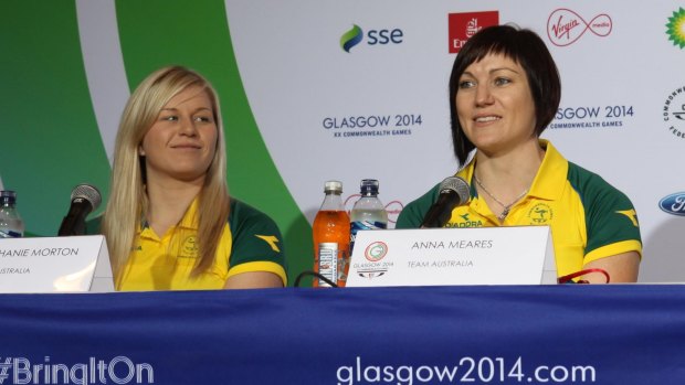 Cyclists Stephanie Morton and Anna Meares speak to the media in Glasgow on Friday.