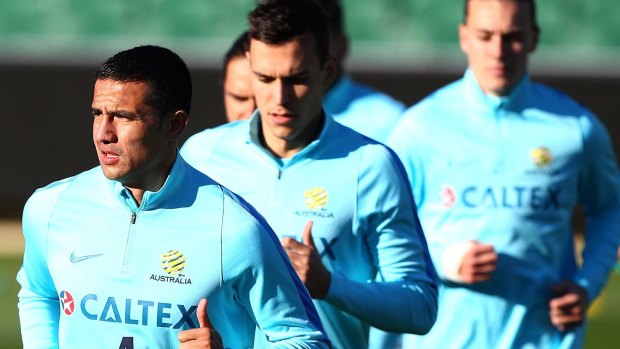On standby: Tim Cahill trains with the Socceroos but didn't make the pitch against Iraq.