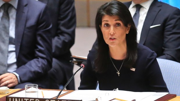 US Ambassador to the UN Nikki Haley addresses a UN Security Council meeting about North Korea.