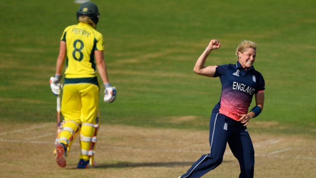 England bowler Kathryn Brunt celebrates after bowling Australia's Alex Blackwell when the two sides met in the World Cup. The Ashes is scheduled for October.