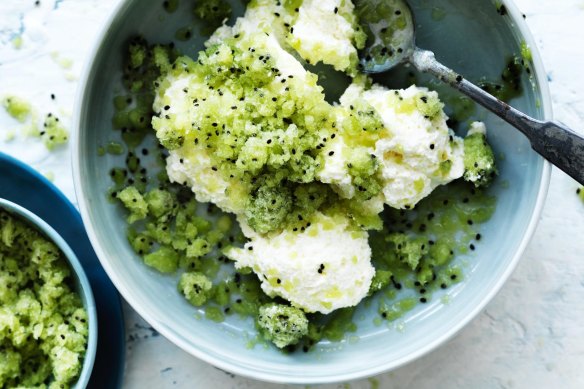 Adam Liaw's creamy yoghurt mousse with cheat's granita.
