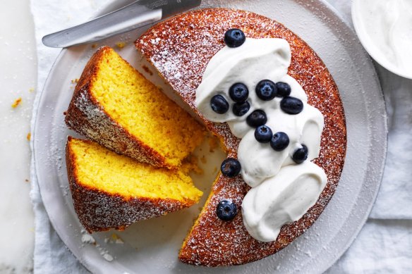 Fresh corn and coconut cake served with coconut yoghurt and blueberries.
