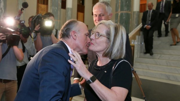 Senator Eric Abetz greets Prime Minister Malcolm Turnbull and Lucy Turnbull last week.