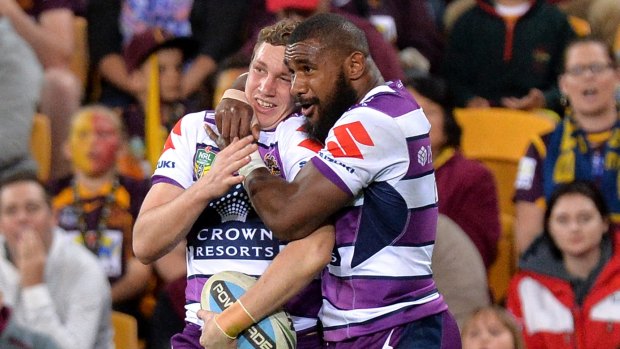 Main Mann: Kurt Mann celebrates with Marika Koroibete after scoring a try.