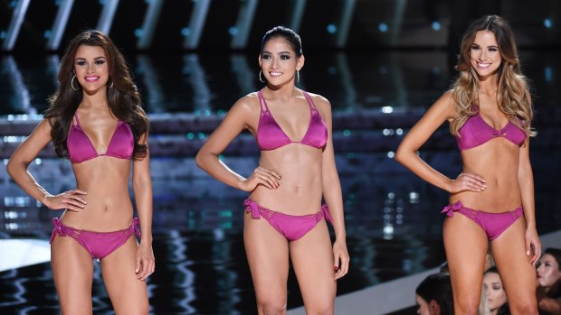 Careful what you look up from the work computer: Bikini-clad contestants in the 2015 Miss Universe Pageant.