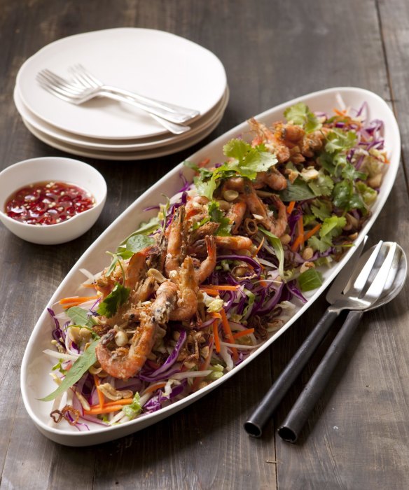 Share-friendly coleslaw with green papaya and crispy fried school prawns is a crowd-pleaser.