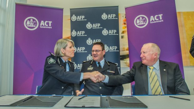 Police Minister Mick Gentleman (right) with ACT CPO Justine Saunders (left) and AFP Commissioner Michael Phelan.