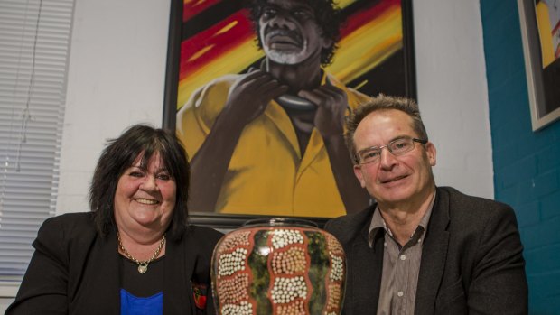 Former Chief Minister Jon Stanhope at his new workplace, the Winnunga Nimmityjah Aboriginal Health Service, with chief executive Julie Tongs, left.
