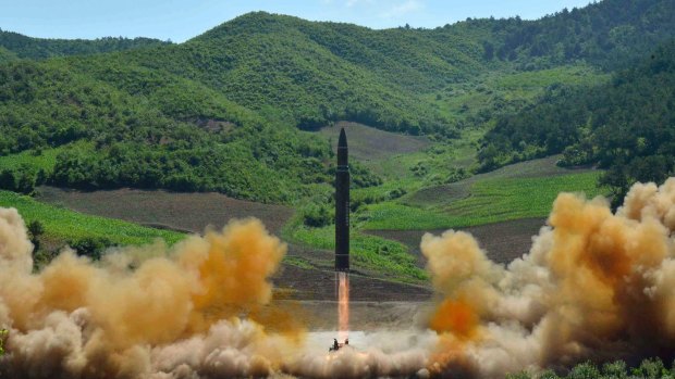 The launch of a Hwasong-14 intercontinental ballistic missile (ICBM) in North Korea's northwest.