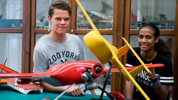 Indigenous students Liam Fogg and Layna Nona at the Aeronautical Engineering department at the University of Sydney's summer outreach camp. 