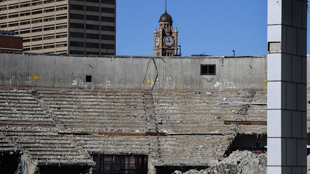 The former Sydney Entertainment Centre, being demolished as part of the redevelopment of Darling Harbour managed by Lendlease.