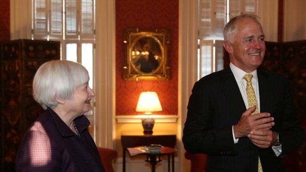 China on their minds: Malcolm Turnbull meets Janet Yellen, chairwoman of the Board of Governors of the Federal Reserve Bank in Washington.