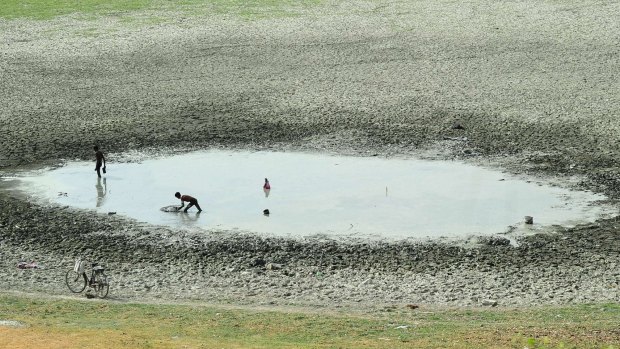 Indian fishermen catch fish in a shrunken pond in the village of Phaphamau on the outskirts of Allahabad.