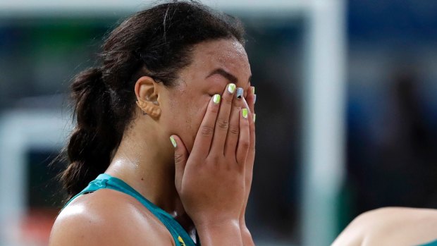 Australia's Elizabeth Cambage reacts after the team's loss to Serbia in the basketball  quarterfinal.