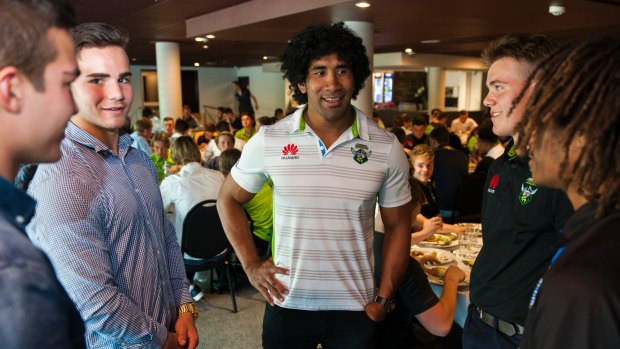 Raiders player Sia Soliola chats to junior Raiders at their camp last weekend.