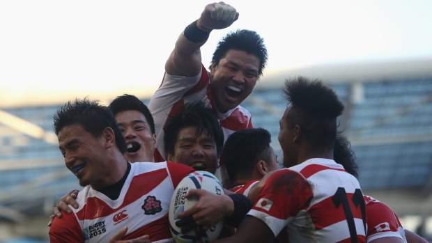 Upset:  Ayumu Goromaru of Japan celebrates scoring his team's second try during the match against South Africa.