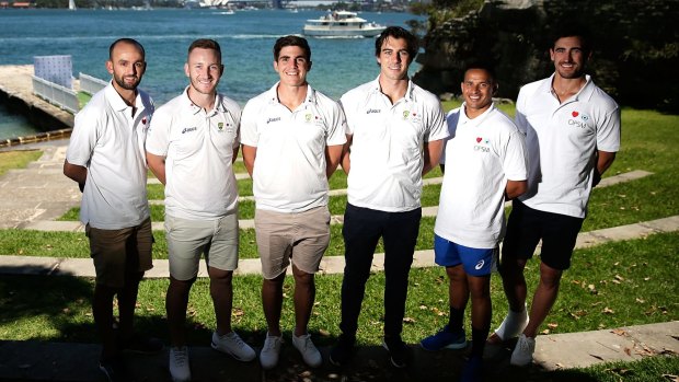 Australian players (left to right) Nathan Lyon, Peter Nevill, Sean Abbott, Pat Cummins, Usman Khawaja and Mitchell Starc during a barbecue on Friday.