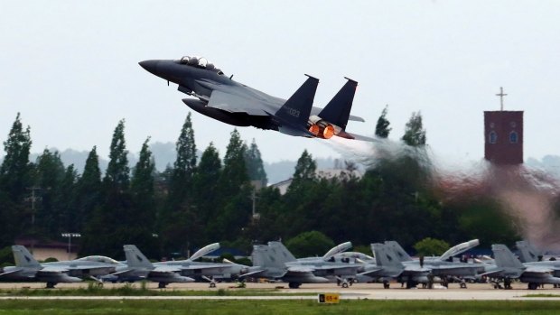 A South Korean Air Force fighter jet takes off from an air base as South Korea and the United States conduct the Max Thunder joint military exercise in Gwangju, South Korea, on May 16.