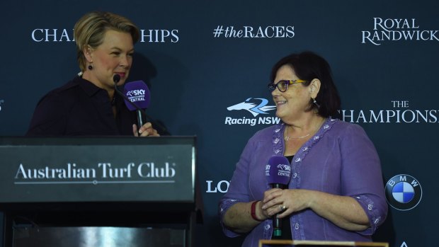 Big test: Host Caroline Searcy chats with Winx part-owner Debbie Kepitis at the barrier draw for the Doncaster Mile.