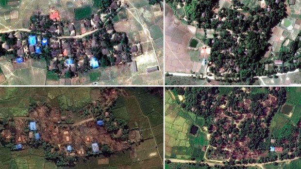 Handout satellite images of two villages in Rakhine state, Myanmar, before and after they were destroyed: Kyet Yoe Pyin is shown at left on March 30 and November 10, 2016, and Wa Peik in 2014 and on November 10, 2016.