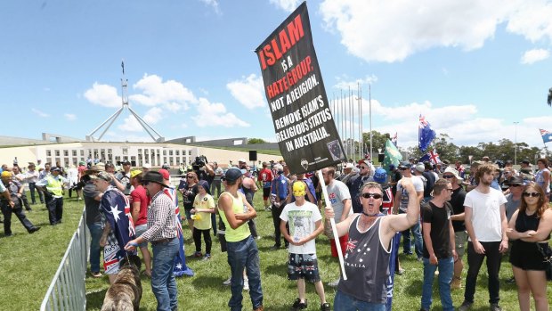 Reclaim Australia rally at the front of Parliament House in Canberra on Sunday 22 November 2015. Photo: Alex Ellinghausen