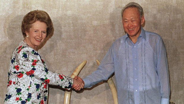 Lee Kuan Yew with British Prime Minister Margaret Thatcher at the presidential palace in Singapore in 1998.