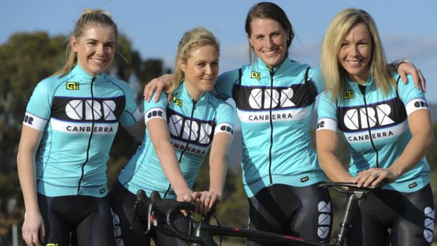 Alex Nicholls, Laura Darlington, Iona Halliday and Belinda Chamberlain are a part of the CBR women's cycling team but only Chamberlain will ride in the Cadel Evans Great Ocean Road Race.