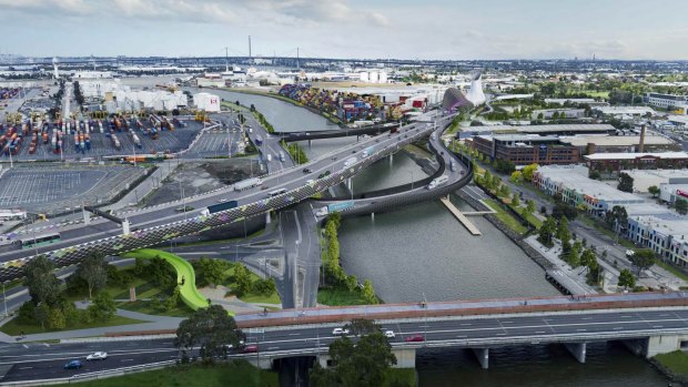 The new bridge over the Maribyrnong River, and the existing Shepherd Bridge and cycle path at the bottom of this image. 