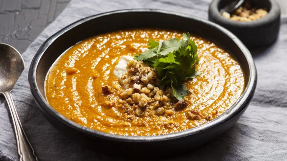 Curried roasted pumpkin soup with tamari nuts. 