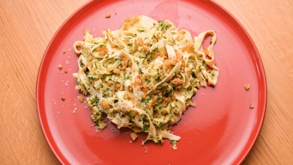 Zucchini and lemon pasta with optional toasted breadcrumbs.
