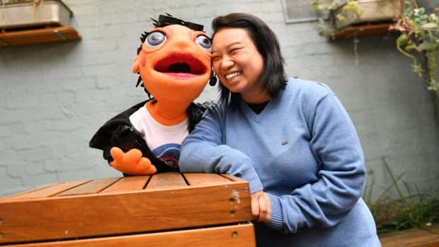 Belinda Eu with her puppet avatar from the series <i>No Strings Attached</i>. 
