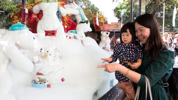 Catherine Lim with her daughter Kiara Huang at the David Jones Christmas display.