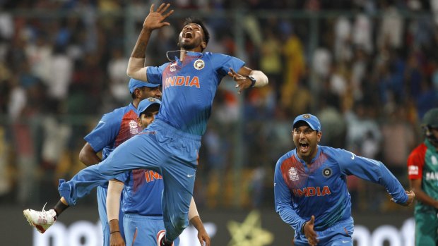 Just like that: India's Hardik Pandya jumps to celebrate India's win over Bangladesh.