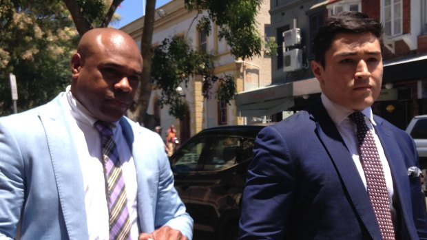 Former NRL player Rhys Wesser arrives at Newtown Local Court with his lawyer Bryan Wrench on Monday.