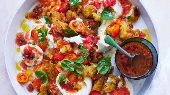 Fresh mozzarella salad with tomato dressing.