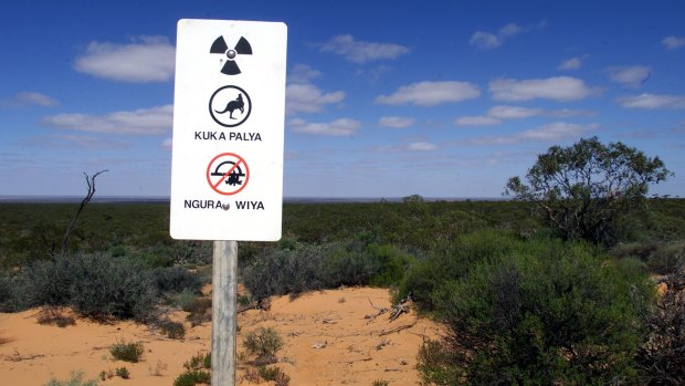 A warning sign erected at the former nuclear bomb testing site in the north-west of South Australia.