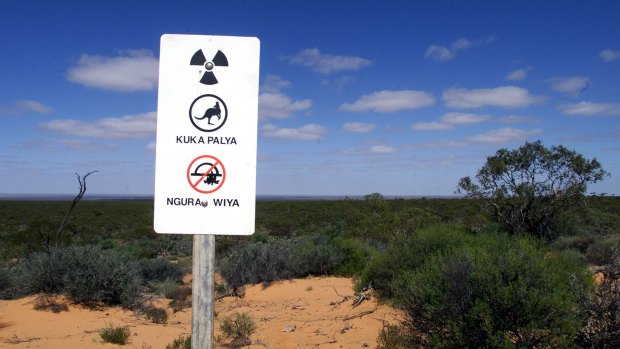 One of the new warning signs erected at the former nuclear bomb testing site in the north west of South Australia.  