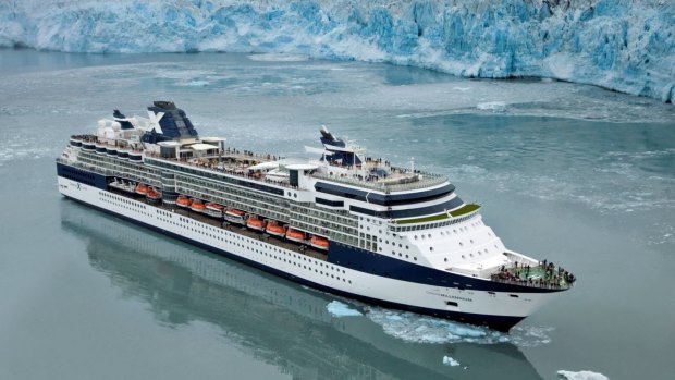 Celebrity Millennium at the Hubbard Glacier, which crosses from eastern Alaska into the Yukon, Canada.
