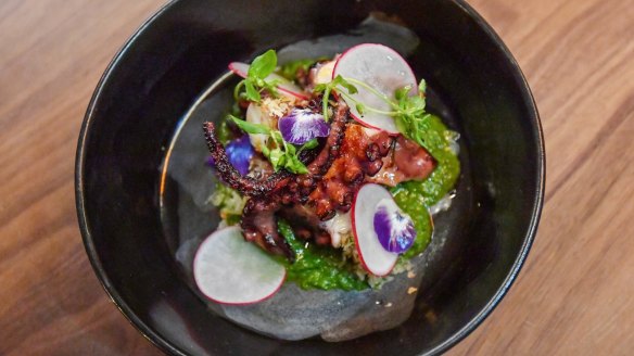 Barbecued octopus with salsa verde.