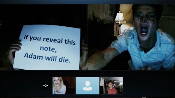 A scene from the teen horror film <i>Unfriended</i>, starring Shelley Hennig and Matthew Bohrer.