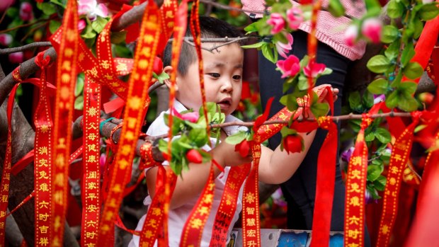 Longfei Che, three, of Mount Waverley, gets into the spirit of the Lunar New Year at the  Bright Moon Buddhist temple in Springvale.