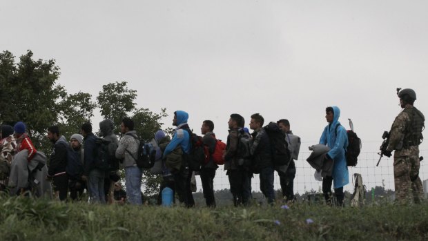 A Hungarian soldier stands guard as migrants line up to cross the border from Croatia.