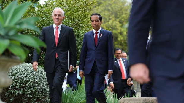 Prime Minister Malcolm Turnbull with Indonesian President Joko Widodo at Admiralty House in Sydney in February.  