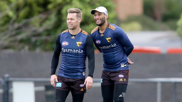 Feeling fine: Sam Mitchell and Josh Gibson at training on Thursday.