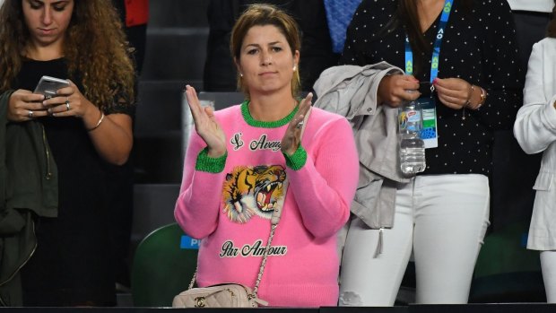 Mirka Federer watches the semi-final match between Roger Federer of Switzerland and Stan Wawrinka of Switzerland.