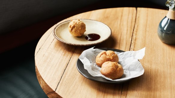 Wine-friendly snacks: Oxtail doughnut and chicken liver parfait profiteroles with PX jelly. 