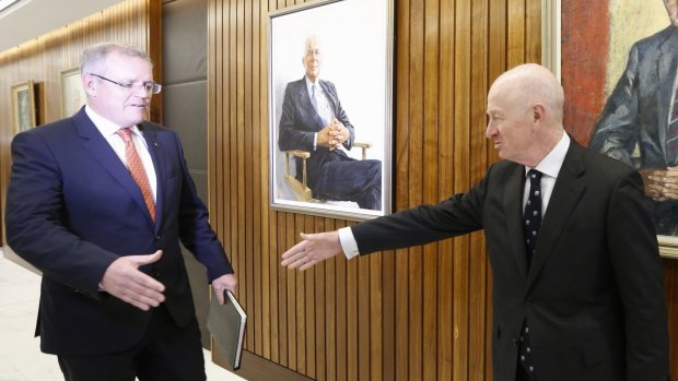 Federal Treasurer Scott Morrison and RBA Governor Glenn Stevens at a meeting at the Reserve Bank in September. Will there be a showdown next week?