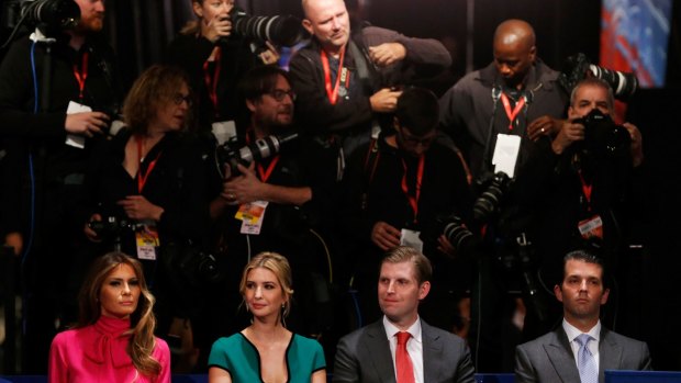 From left fron row: Republican presidential nominee Donald Trump's wife Melania, daughter Ivanka, sons Eric Trump and Donald Jr during the second presidential debate.
