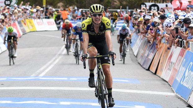 Good enough: Daryl Impey crosses the finish line of stage five in second place in Willunga, South Australia.