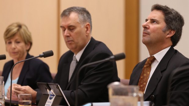 Another Senate commitee grilling to come this week for Larry Marshall CSIRO CEO (right), with his deputy Craig Roy (centre) and chief financial officer Hazel Bennett.